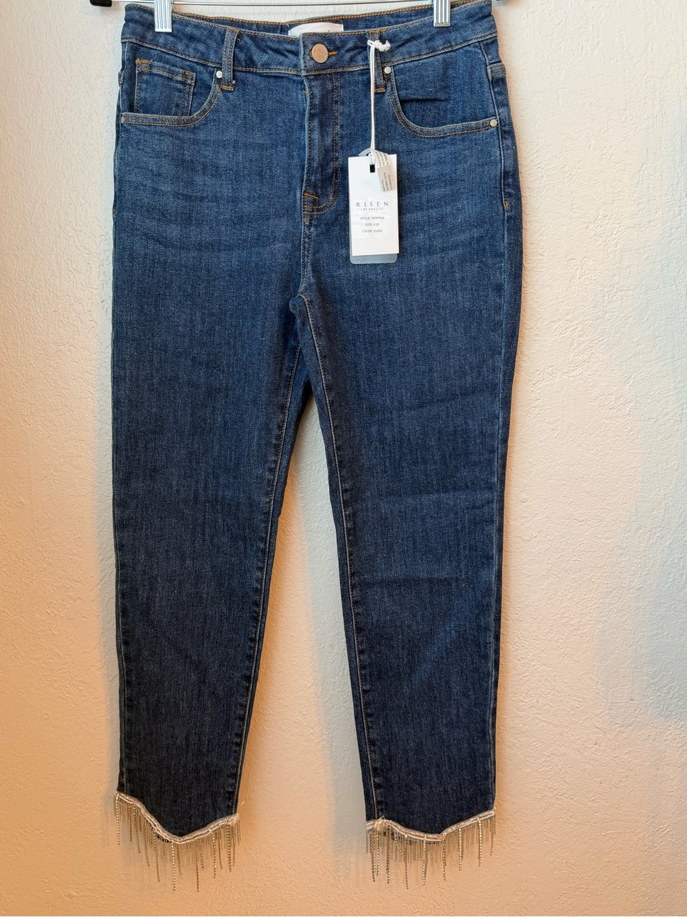 151-216~ NWT Risen Los Angeles Jeans Dark Wash with Crystal Fringe Hem Sz 29